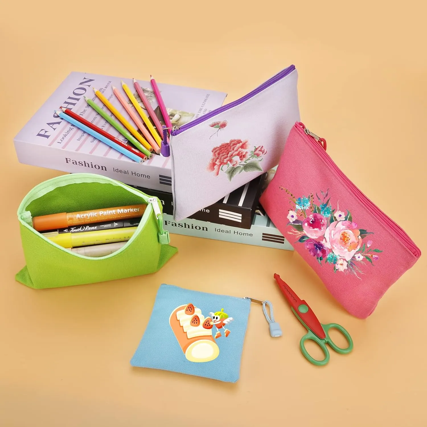 12 Pack DIY Craft Cotton Canvas Bag, Multi-Purpose Cosmetic Bag Makeup Pouches with Zipper Travel Toiletry Bag (XS, Orange)
