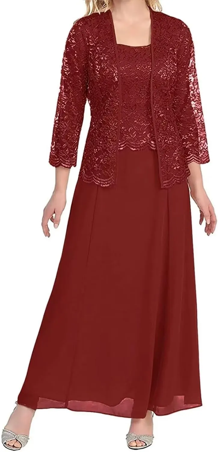 2 Piece Mother of The Bride Dresses for Women with Jackets Tea Length Chiffon Formal Dress for Wedding Guest Long Sleeve