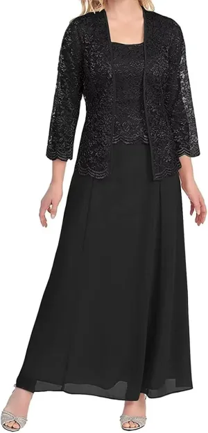 2 Piece Mother of The Bride Dresses for Women with Jackets Tea Length Chiffon Formal Dress for Wedding Guest Long Sleeve