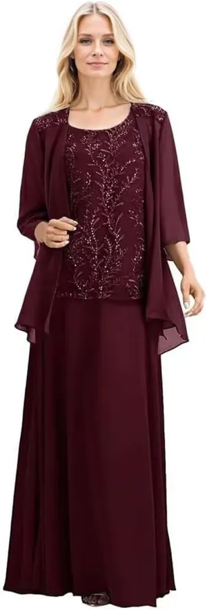 2 Piece Mother of The Bride Dresses with Jacket 3/4 Sleeve Long Formal Dress Chiffon Lace Evening Dresses for Women