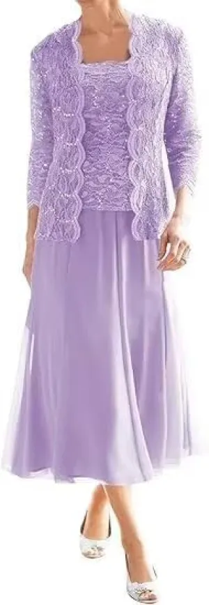 2 Piece Mother of The Bride Dresses with Jacket Lace Chiffon Tea Length 3/4 Sleeve Formal Dress for Women Wedding Guest