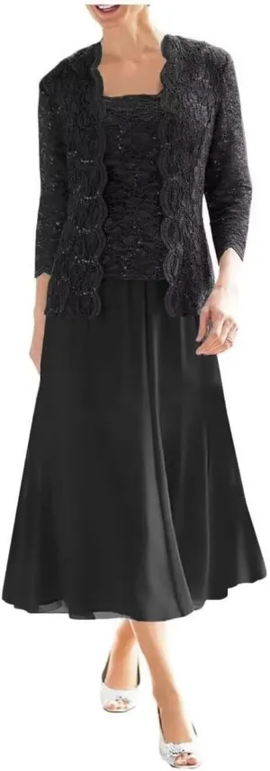 2-Pieces Mother of Bride Dresses with Jacket 2-Pieces Mother of The Groom Dress Tea Length Chiffon Formal Evening Gowns
