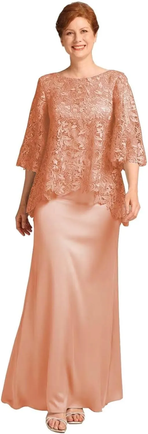 2 Pieces Mother of The Bride Dresses for Wedding Cape Jacket Scoop Neck Lace Long Formal Evening Gowns