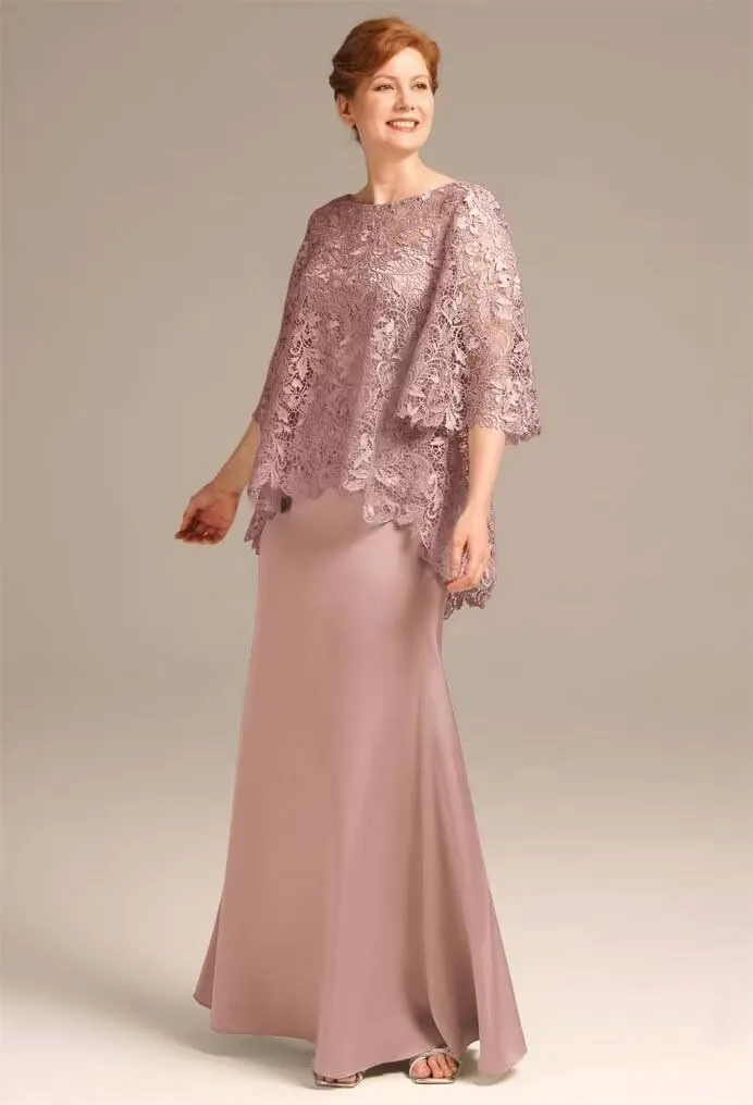 2 Pieces Mother of The Bride Dresses for Wedding Cape Jacket Scoop Neck Lace Long Formal Evening Gowns