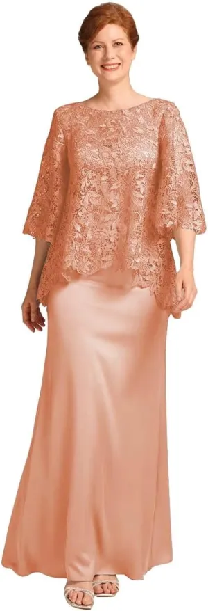 2 Pieces Mother of The Bride Dresses for Wedding Cape Jacket Scoop Neck Lace Long Formal Evening Gowns