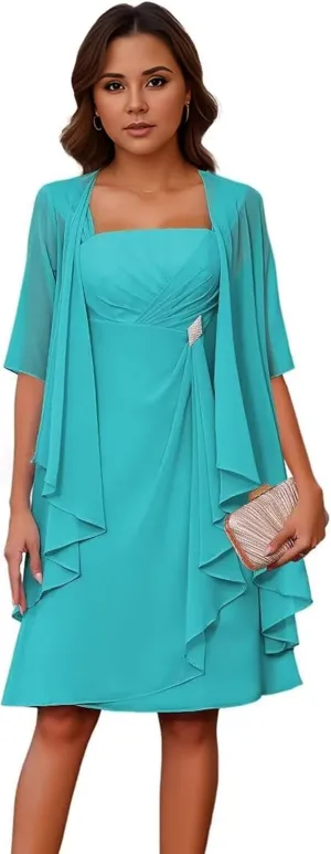 2 Pieces Mother of The Bride Dresses for Wedding Lace Applique Chiffon Tea Length Mother of The Groom Gown with Jackets
