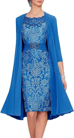 2 Pieces Mother of The Bride Dresses with Jacket Laces Appliques Mother of The Groom Dresses for Wedding Tea Length