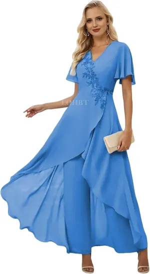 2 Pieces Mother of The Bride Pant Suits for Women Dressy Lace Appliques Chiffon Outfit Formal Jumpsuits Sets