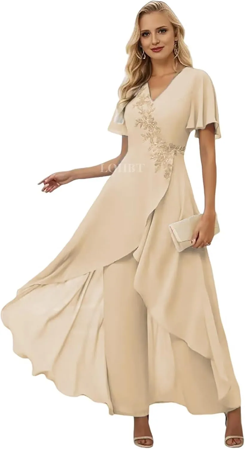 2 Pieces Mother of The Bride Pant Suits for Women Dressy Lace Appliques Chiffon Outfit Formal Jumpsuits Sets