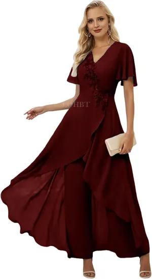 2 Pieces Mother of The Bride Pant Suits for Women Dressy Lace Appliques Chiffon Outfit Formal Jumpsuits Sets
