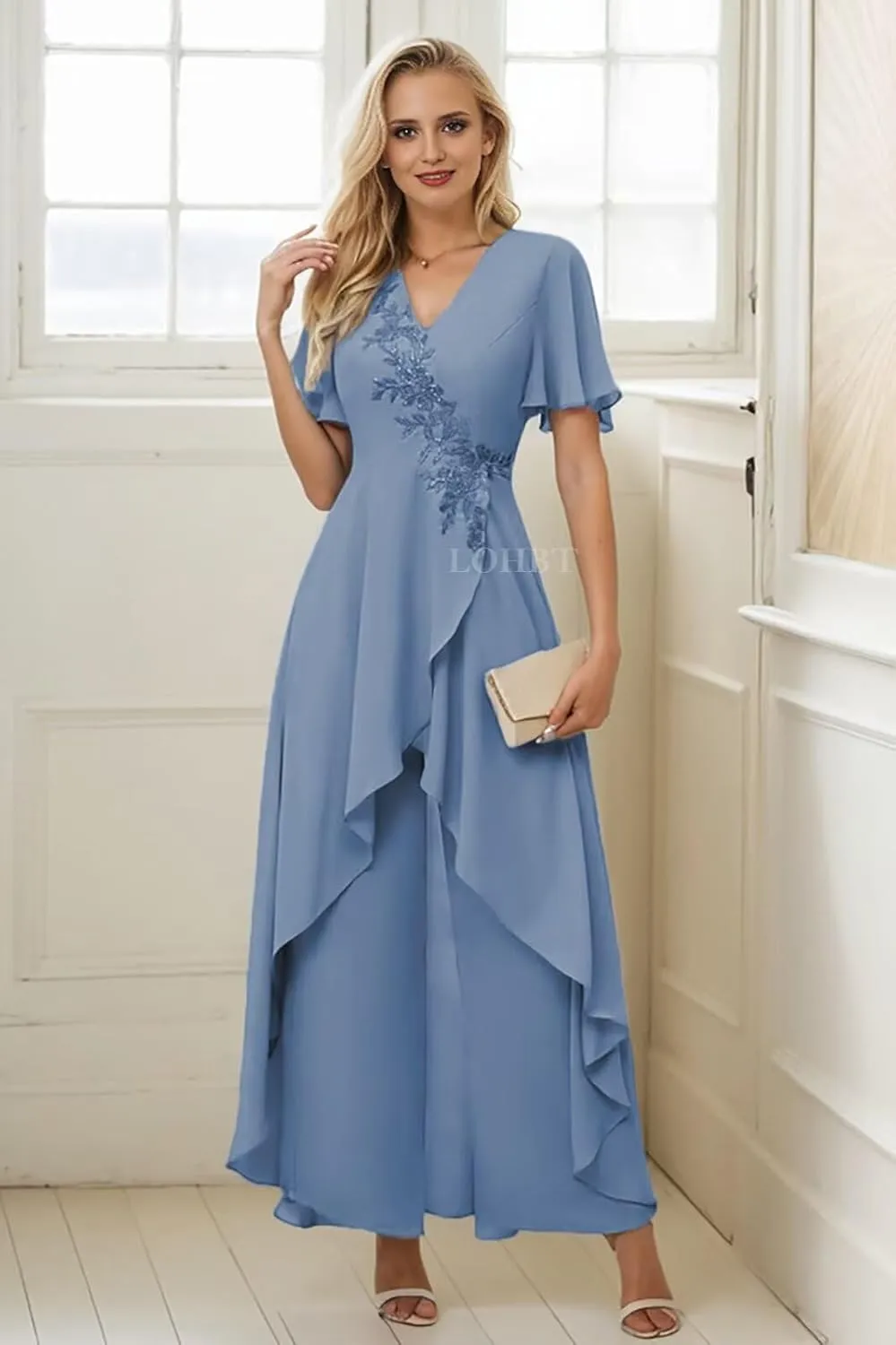 2 Pieces Mother of The Bride Pant Suits for Women Dressy Lace Appliques Chiffon Outfit Formal Jumpsuits Sets