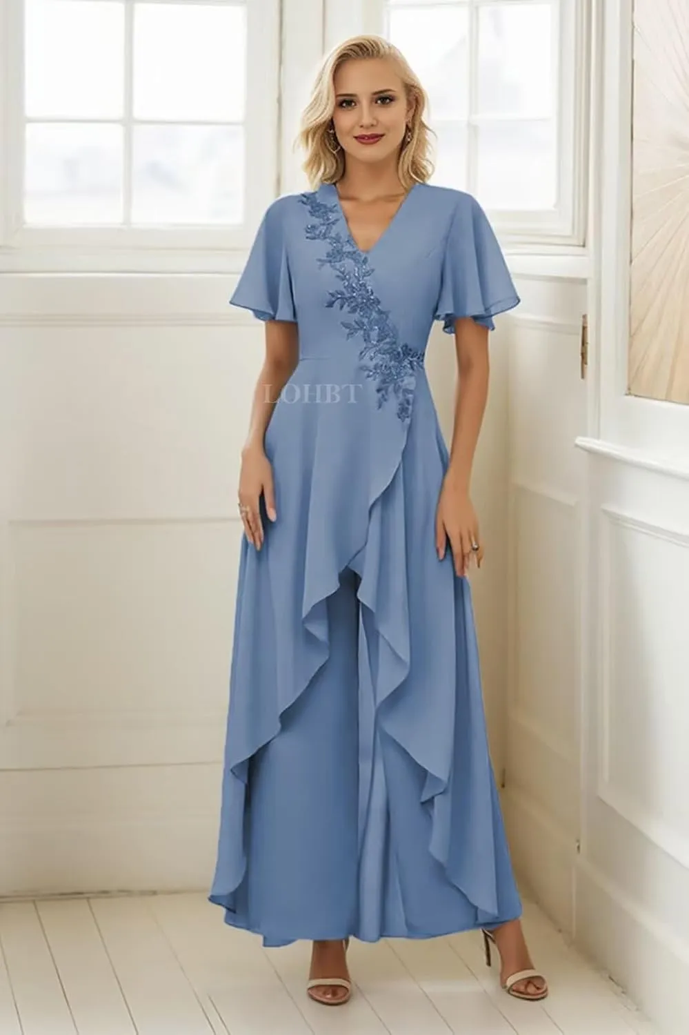2 Pieces Mother of The Bride Pant Suits for Women Dressy Lace Appliques Chiffon Outfit Formal Jumpsuits Sets