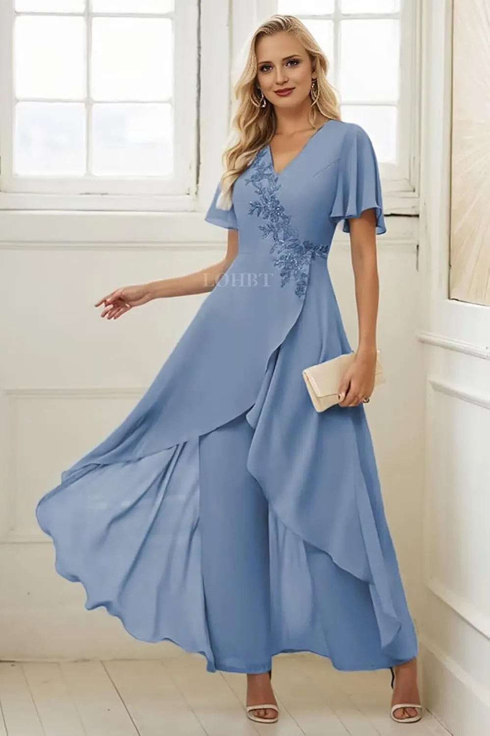 2 Pieces Mother of The Bride Pant Suits for Women Dressy Lace Appliques Chiffon Outfit Formal Jumpsuits Sets
