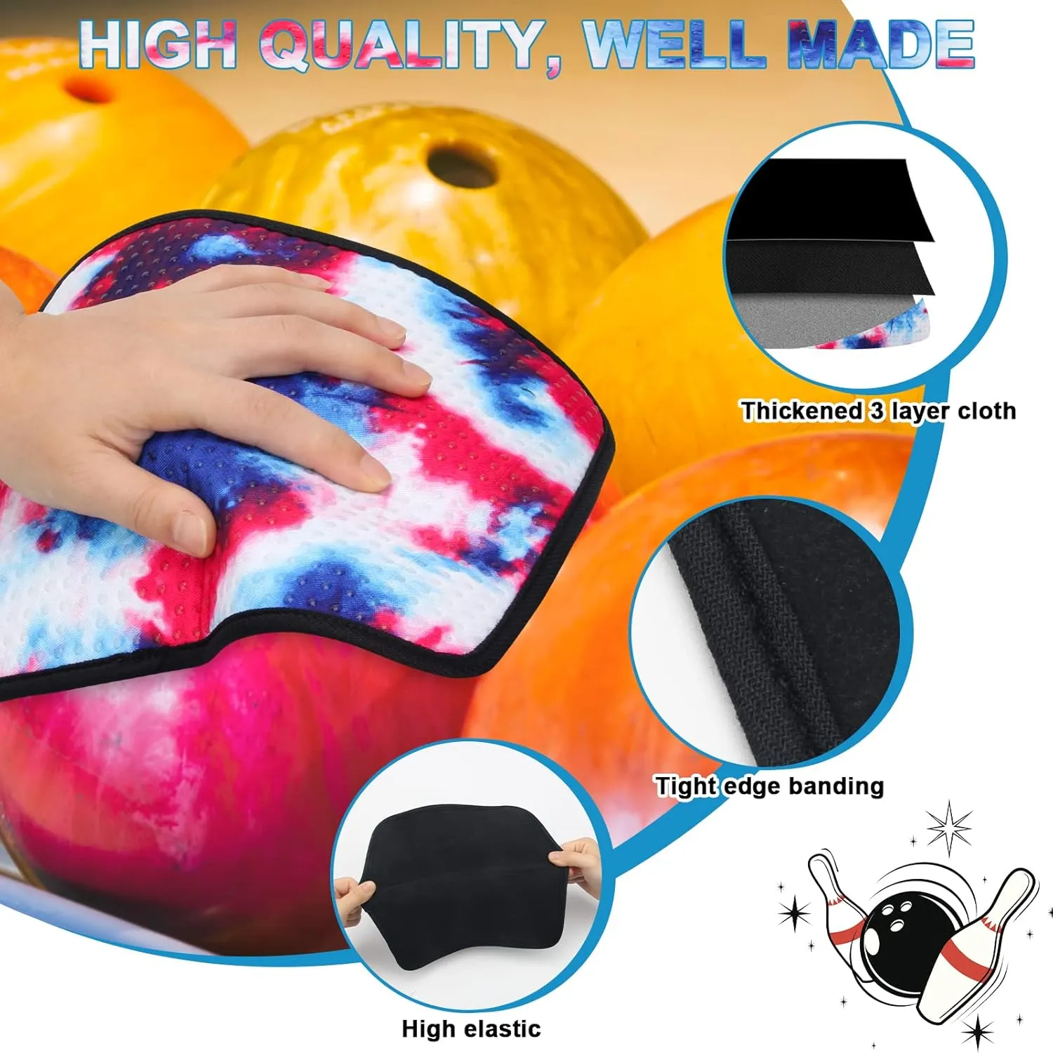 3 Pack Bowling Ball Towels, 10" x 8" Microfiber Bowling Shammy Accessories with Easy-Grip Dots Non-Slip (Colorful)