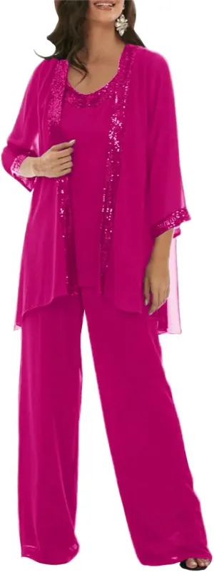 3 Pieces Dressy Pant Suits for Women with Long Sleeve Chiffon Outfits Formal Dress and Evening Gown with Jacket