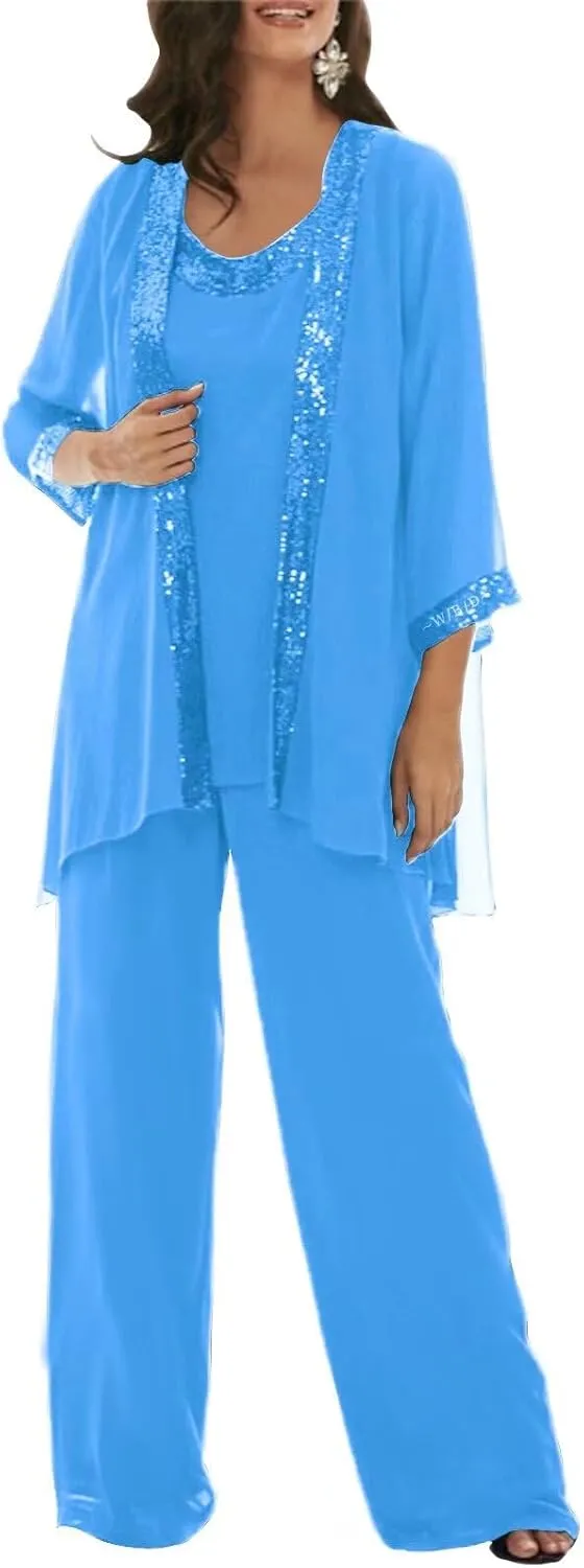 3 Pieces Dressy Pant Suits for Women with Long Sleeve Chiffon Outfits Formal Dress and Evening Gown with Jacket