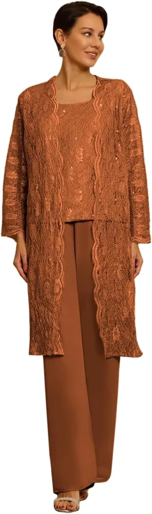 3 Pieces Mother of The Bride Pant Suits with Jackets for Wedding Laces Chiffon Sequin Wedding Guest Dresses for Women