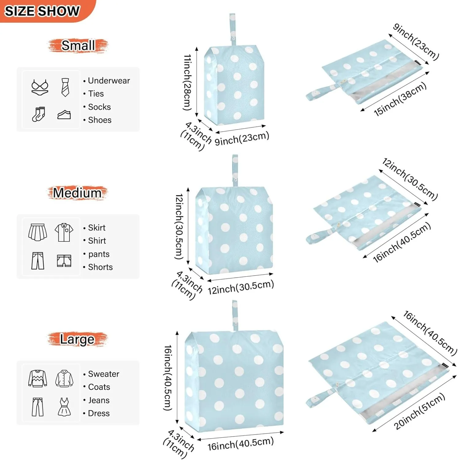 3 Set Packing Cubes Luggage Packing Organizers Polka Dot Blue Travel Packing Storage Bags for Suitcase Travel Accessories