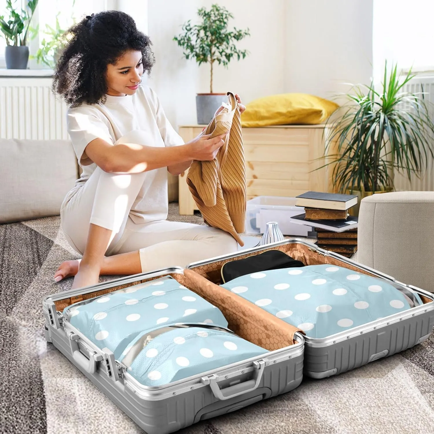 3 Set Packing Cubes Luggage Packing Organizers Polka Dot Blue Travel Packing Storage Bags for Suitcase Travel Accessories