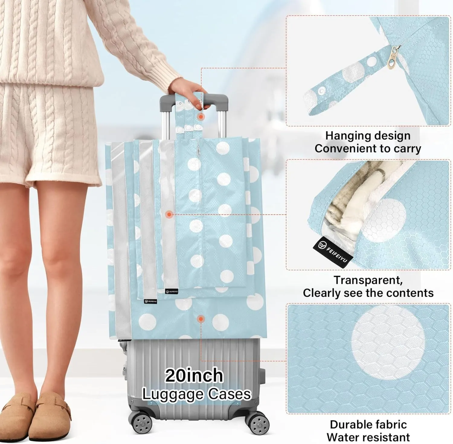 3 Set Packing Cubes Luggage Packing Organizers Polka Dot Blue Travel Packing Storage Bags for Suitcase Travel Accessories