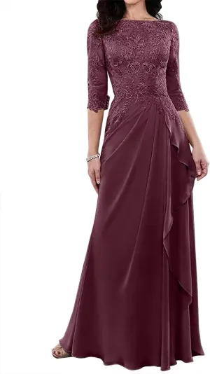 3/4 Sleeve Chiffon Mother of The Bride Dresses for Wedding Long Laces Applique Ruffles Formal Evening Party Gowns