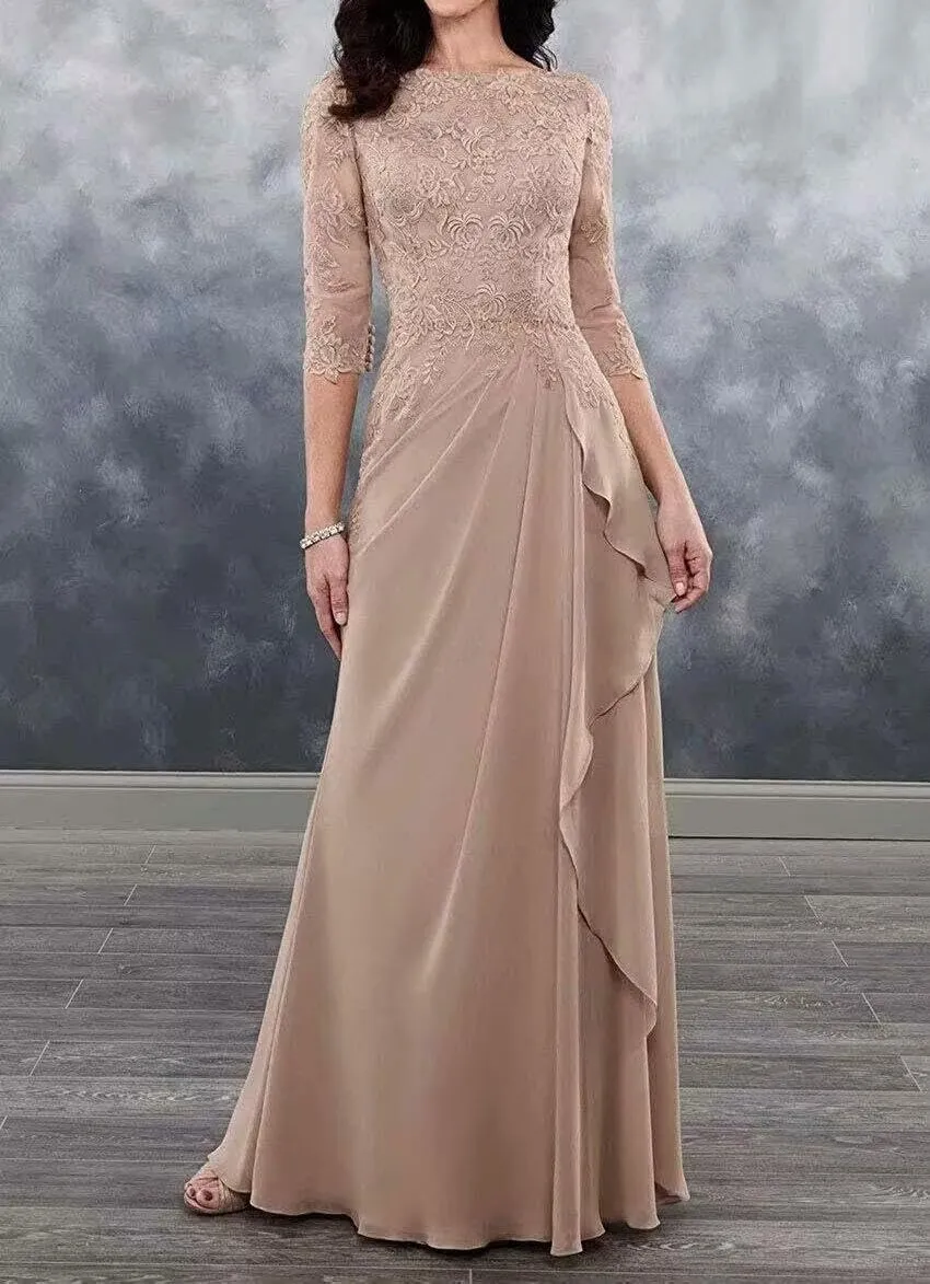 3/4 Sleeve Chiffon Mother of The Bride Dresses for Wedding Long Laces Applique Ruffles Formal Evening Party Gowns