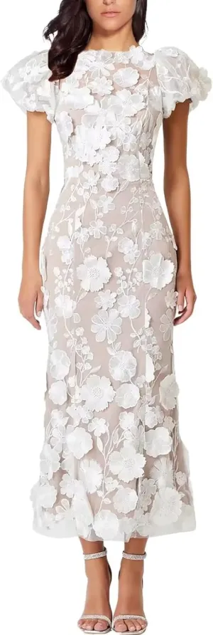3D Floral Embroidery Long Dress Ruffle Sleeve Lace Bodycon Cocktail Dresses for Women