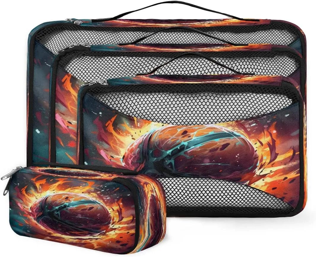 4 Set Packing Cubes Fire Basketball Travel Accessories Mesh Organizer Bag Luggage Travel Essentials for Carry on Suitcases