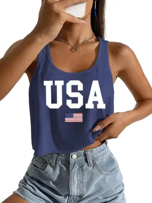 4th of July Sexy Crop Tank for Women Independence Day Funny Graphic Sleeveless American Proud Summer Patriotic Shirt