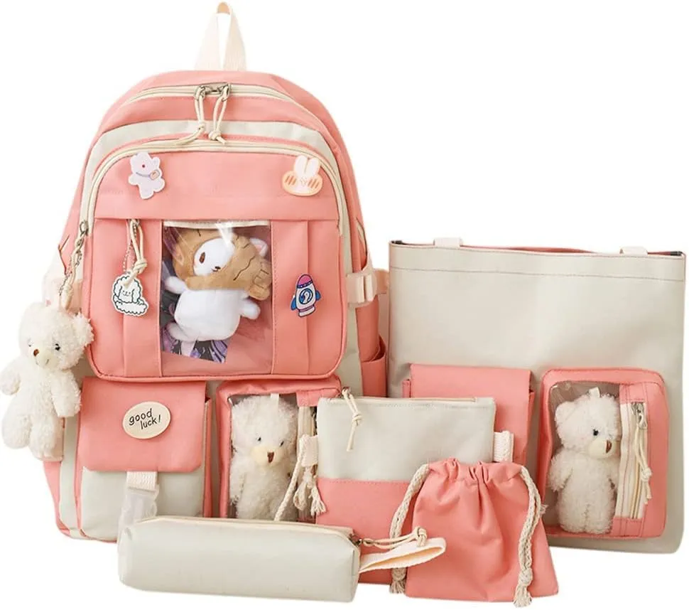 5 pcs Cute Aesthetic Backpack Set for School Teens, 3 Plushies & 5 Pins & Cards Kawaii Backpack with Accessories (Pink)