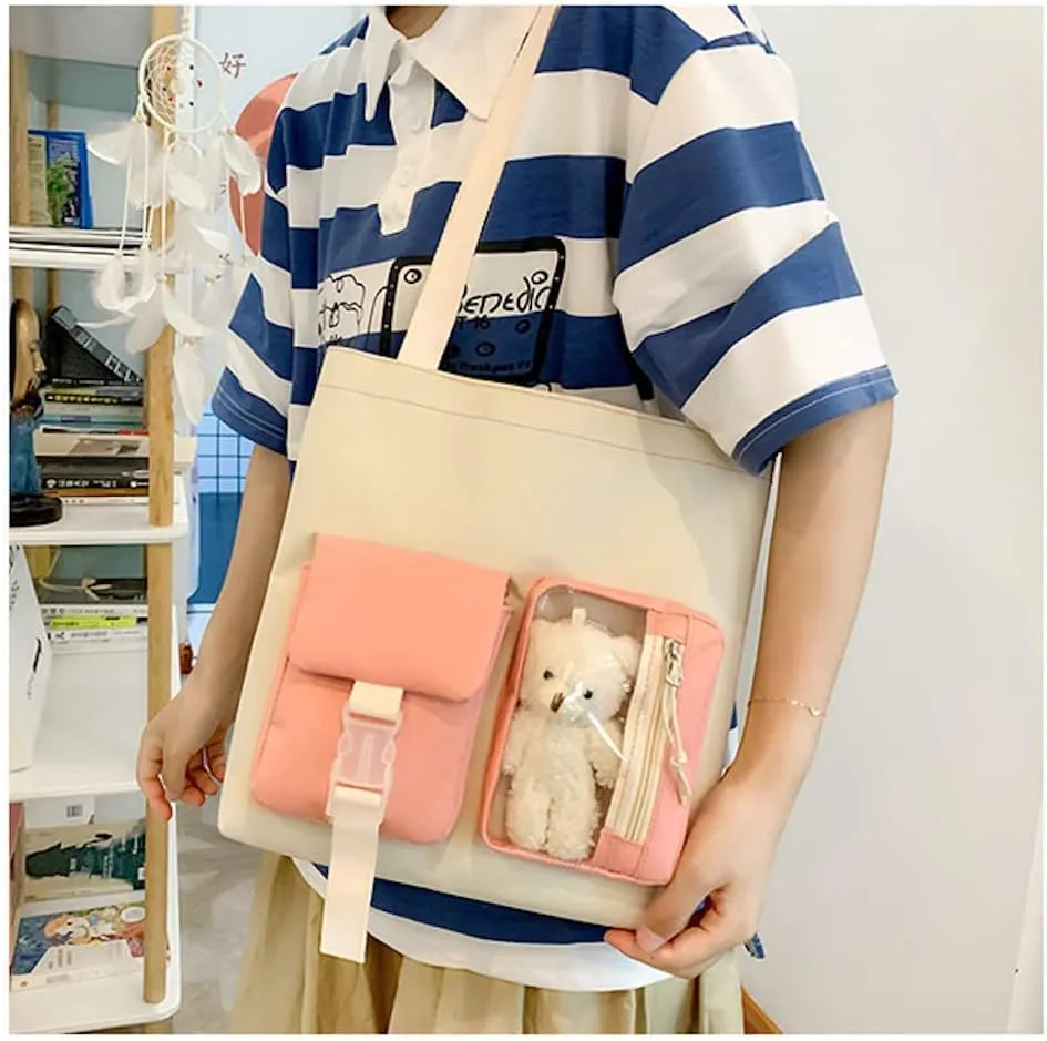 5 pcs Cute Aesthetic Backpack Set for School Teens, 3 Plushies & 5 Pins & Cards Kawaii Backpack with Accessories (Pink)