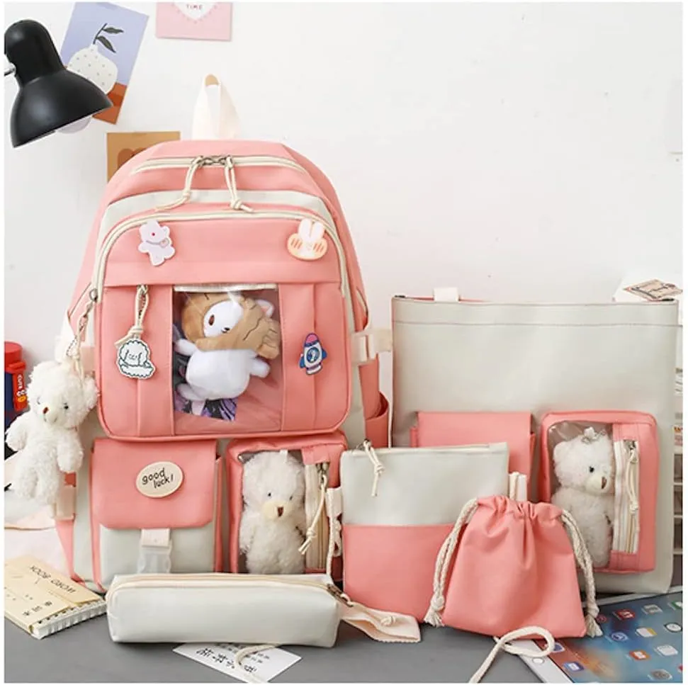 5 pcs Cute Aesthetic Backpack Set for School Teens, 3 Plushies & 5 Pins & Cards Kawaii Backpack with Accessories (Pink)