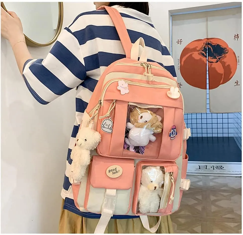 5 pcs Cute Aesthetic Backpack Set for School Teens, 3 Plushies & 5 Pins & Cards Kawaii Backpack with Accessories (Pink)