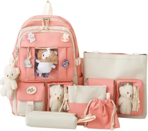 5 pcs Cute Aesthetic Backpack Set for School Teens, 3 Plushies & 5 Pins & Cards Kawaii Backpack with Accessories (Pink)