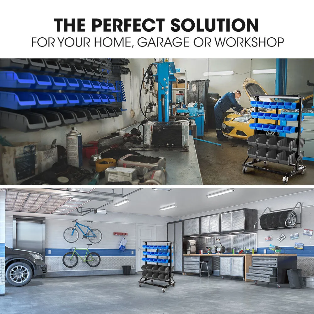 52 Parts Bin Rack Storage System Mobile Double-Sided - Blue