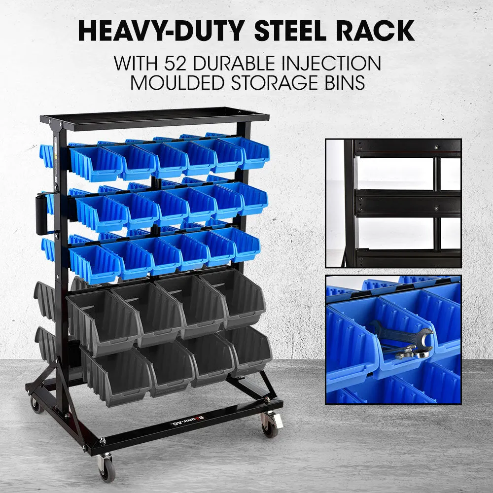 52 Parts Bin Rack Storage System Mobile Double-Sided - Blue