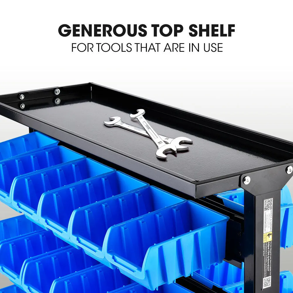 52 Parts Bin Rack Storage System Mobile Double-Sided - Blue