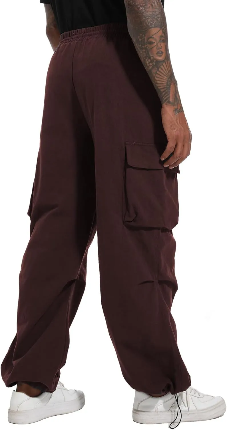 AITFINEISM Men's Baggy Cargo Pants Elastic Waist Drawstring Flap Pocket Beam Feet Streetwear Trousers