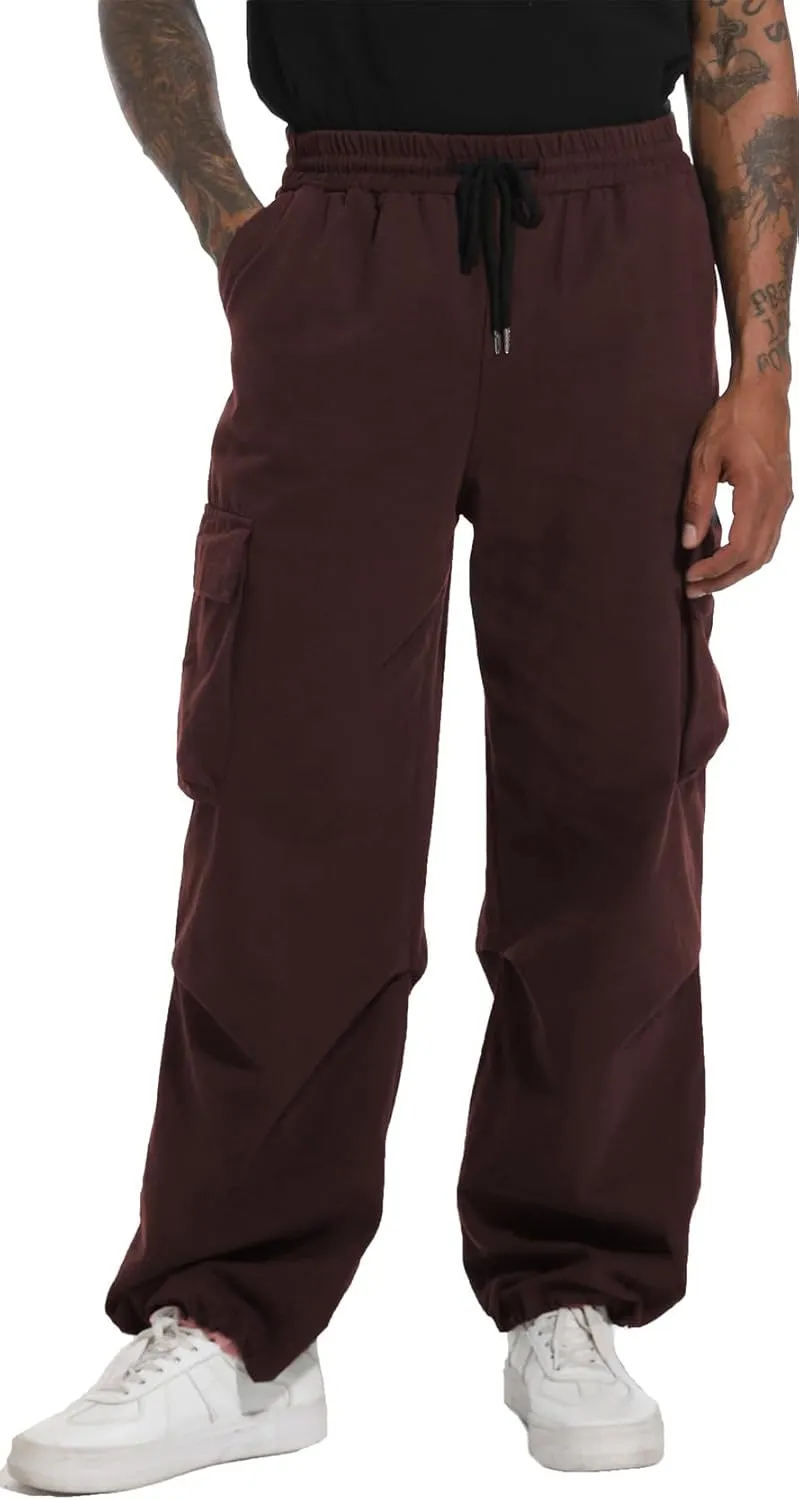 AITFINEISM Men's Baggy Cargo Pants Elastic Waist Drawstring Flap Pocket Beam Feet Streetwear Trousers