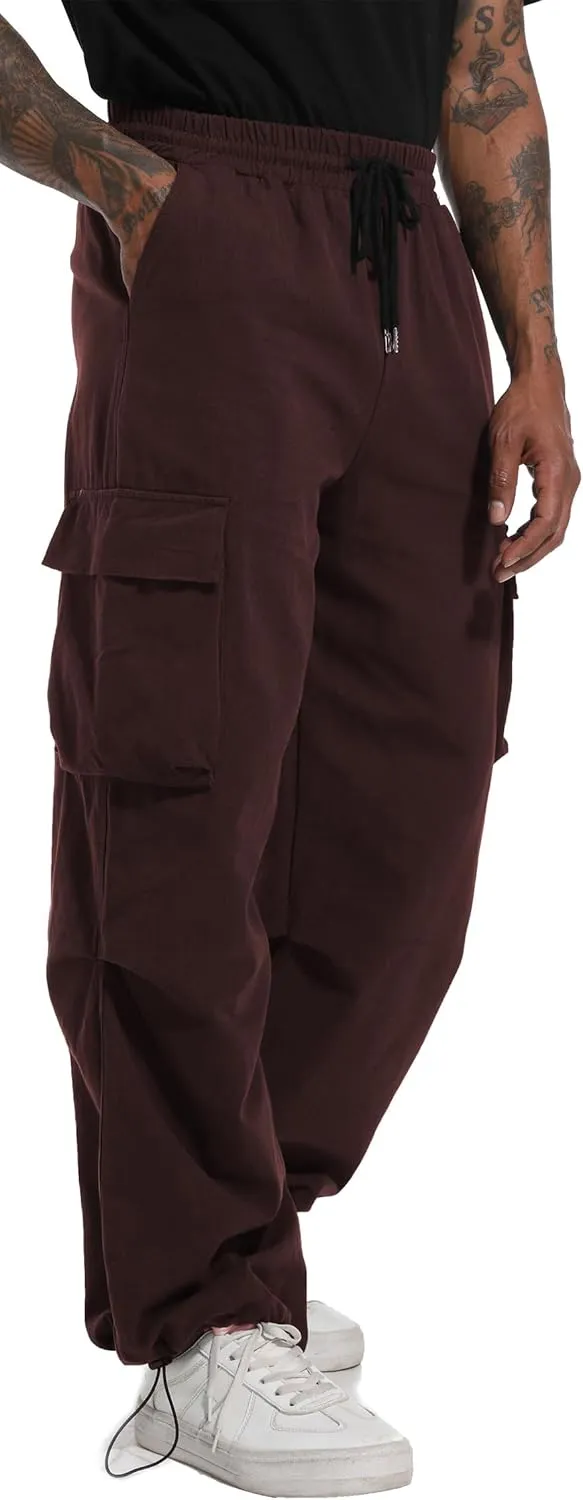 AITFINEISM Men's Baggy Cargo Pants Elastic Waist Drawstring Flap Pocket Beam Feet Streetwear Trousers
