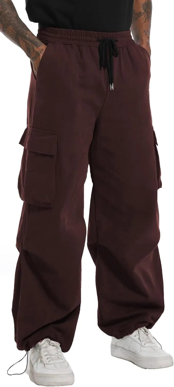 AITFINEISM Men's Baggy Cargo Pants Elastic Waist Drawstring Flap Pocket Beam Feet Streetwear Trousers
