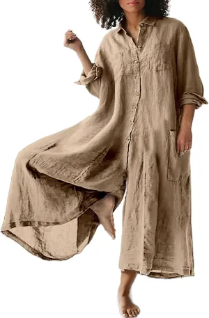 Akivide Women's Cotton Linen Long Sleeve Wide Leg Jumpsuits Casual Button V Neck Long Pants Rompers