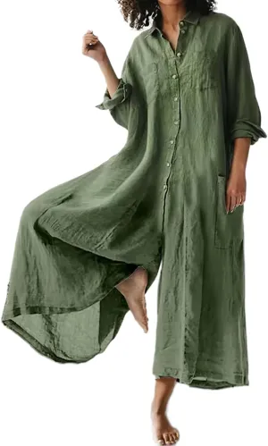 Akivide Women's Cotton Linen Long Sleeve Wide Leg Jumpsuits Casual Button V Neck Long Pants Rompers