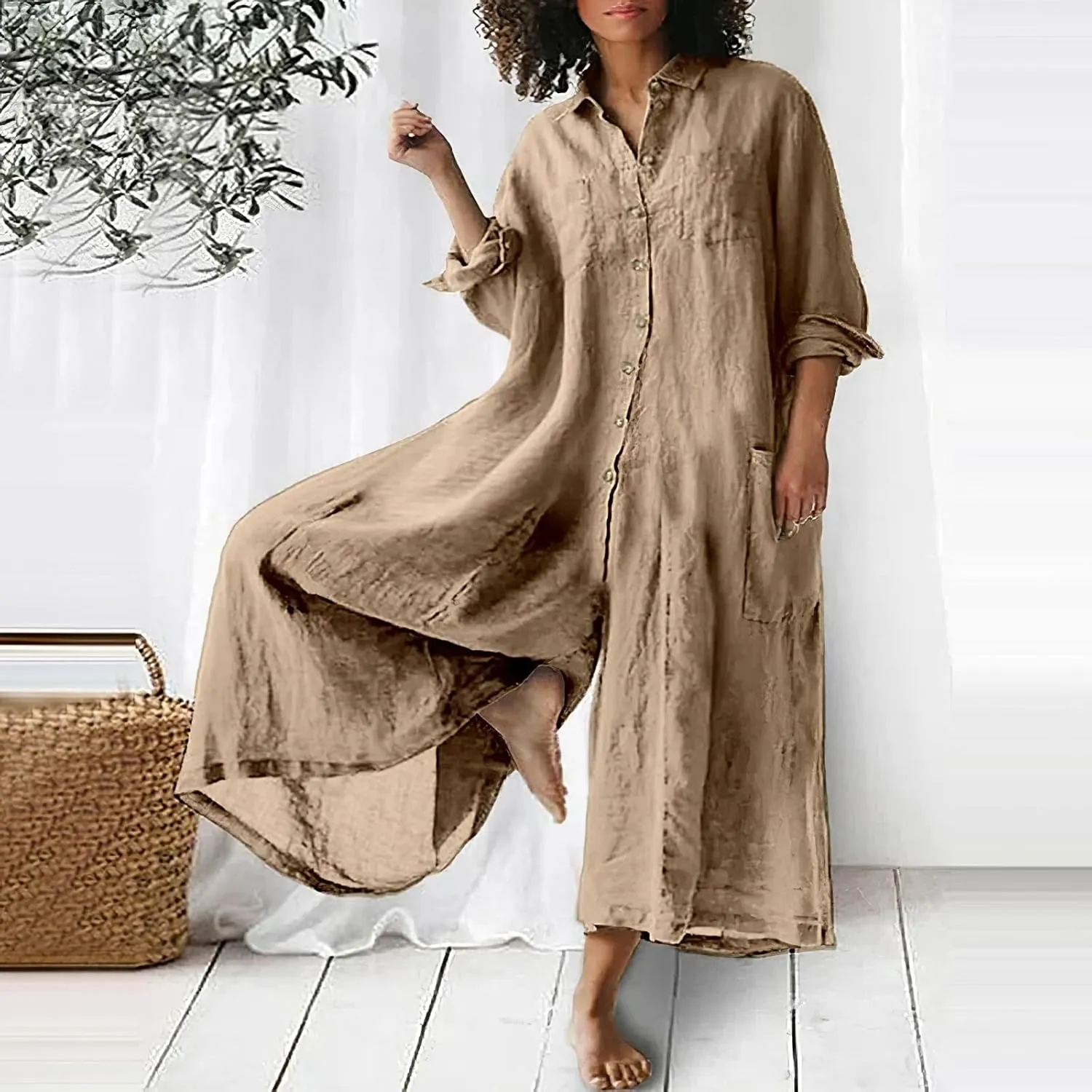 Akivide Women's Cotton Linen Long Sleeve Wide Leg Jumpsuits Casual Button V Neck Long Pants Rompers