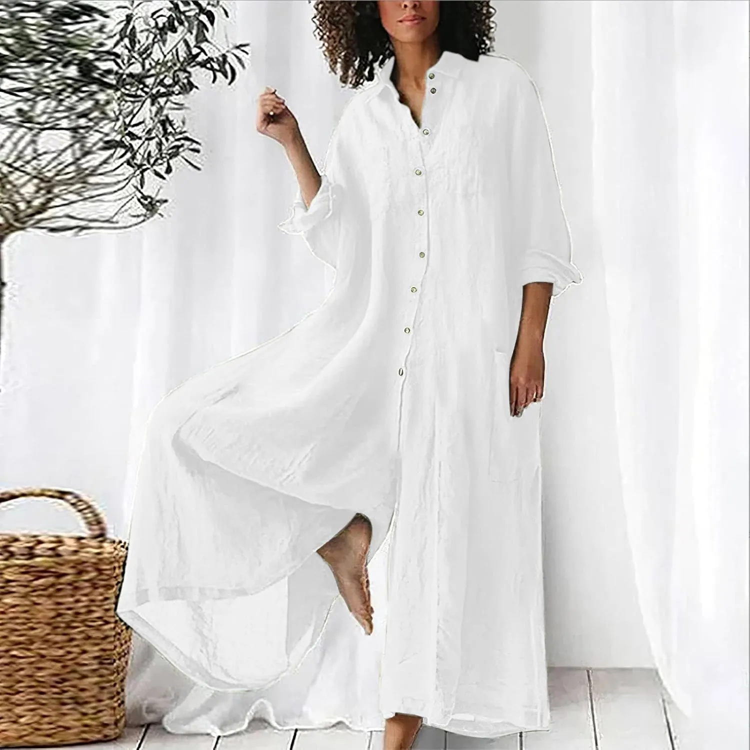 Akivide Women's Cotton Linen Long Sleeve Wide Leg Jumpsuits Casual Button V Neck Long Pants Rompers