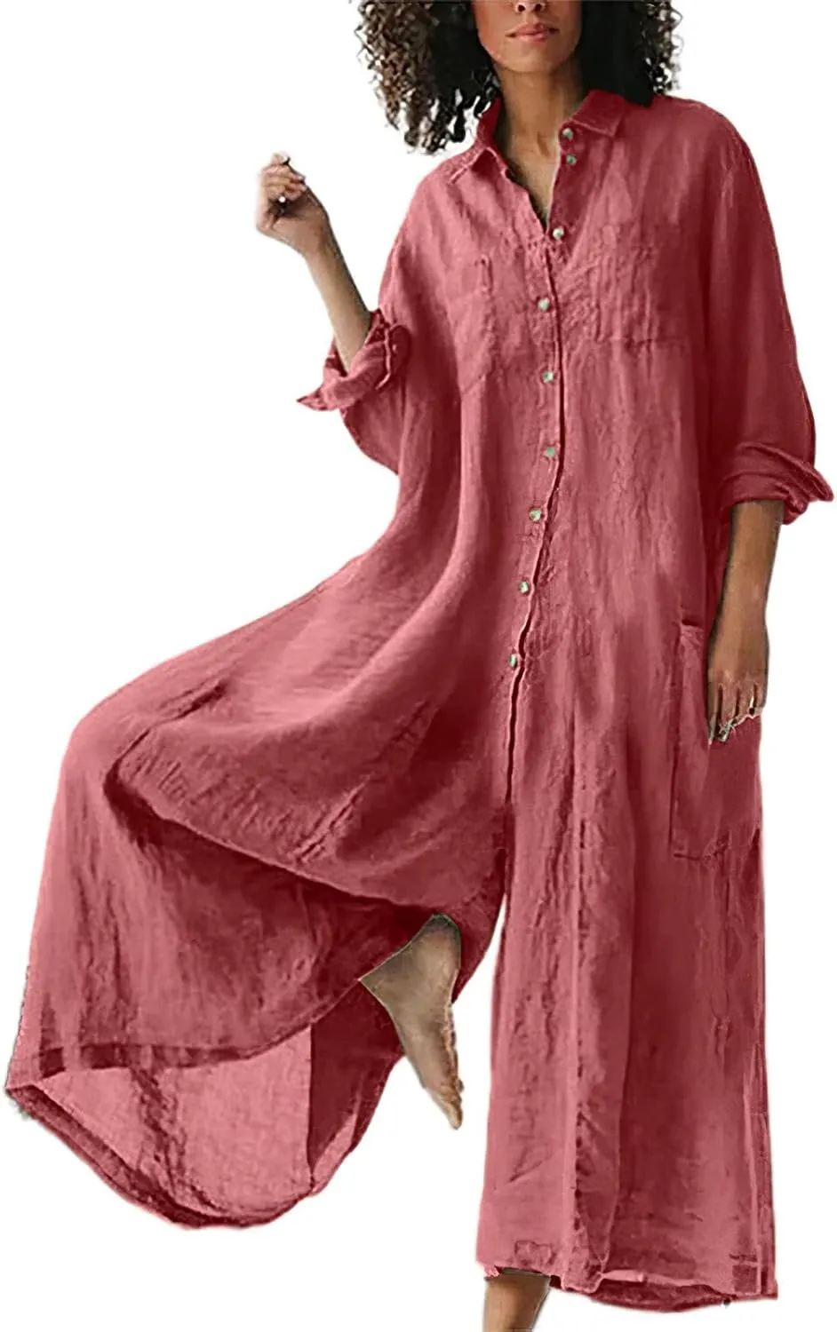 Akivide Women's Cotton Linen Long Sleeve Wide Leg Jumpsuits Casual Button V Neck Long Pants Rompers