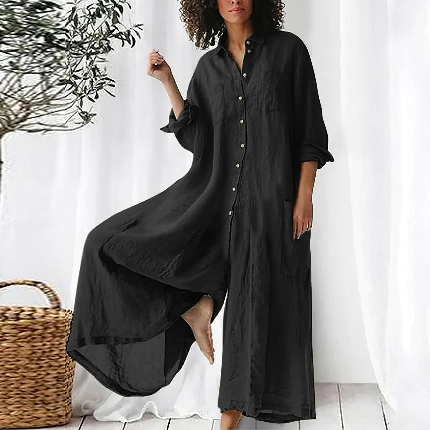 Akivide Women's Cotton Linen Long Sleeve Wide Leg Jumpsuits Casual Button V Neck Long Pants Rompers