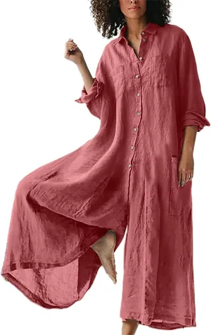 Akivide Women's Cotton Linen Long Sleeve Wide Leg Jumpsuits Casual Button V Neck Long Pants Rompers