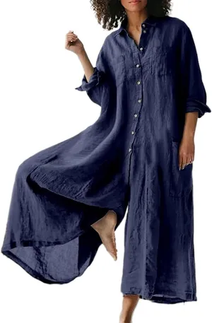 Akivide Women's Cotton Linen Long Sleeve Wide Leg Jumpsuits Casual Button V Neck Long Pants Rompers