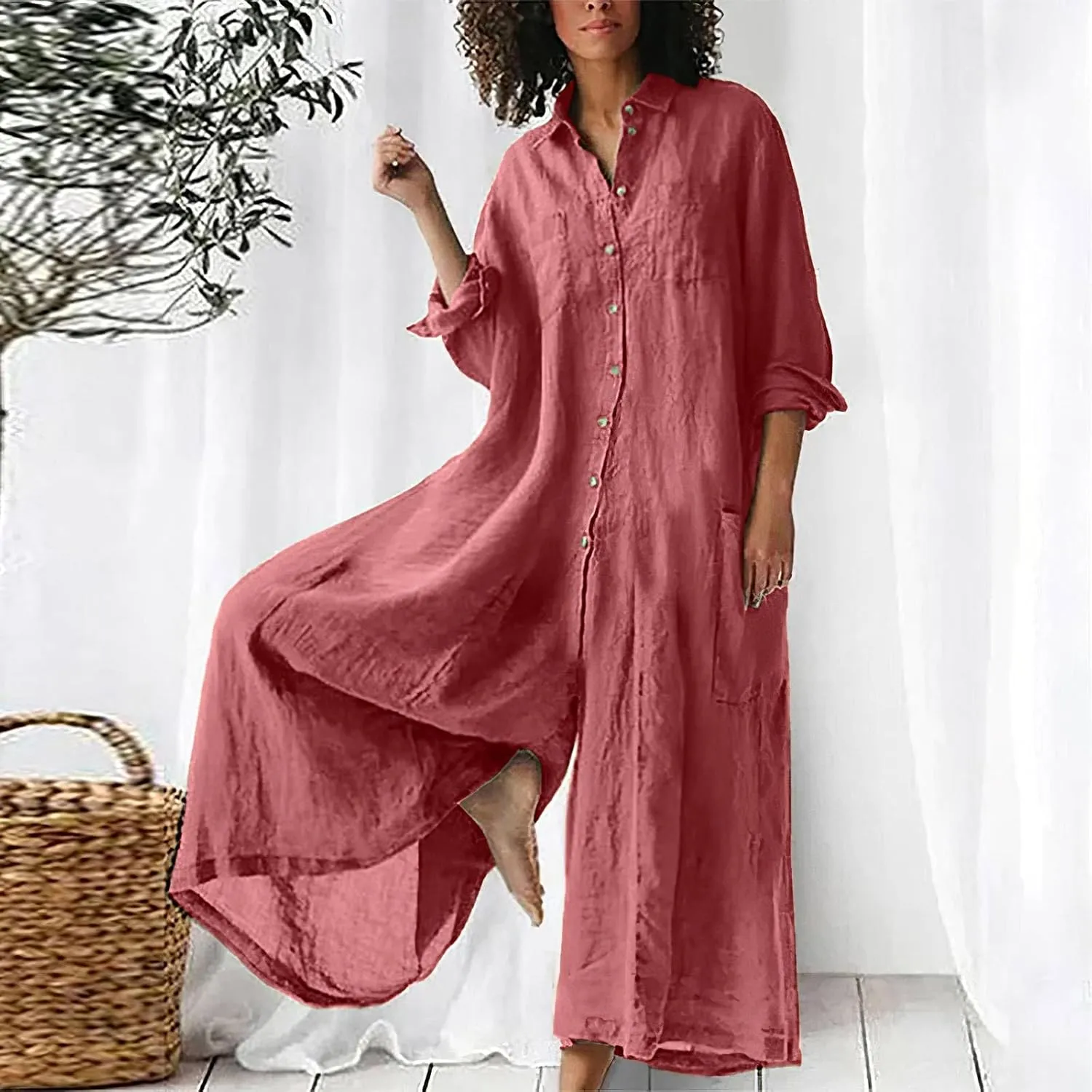 Akivide Women's Cotton Linen Long Sleeve Wide Leg Jumpsuits Casual Button V Neck Long Pants Rompers